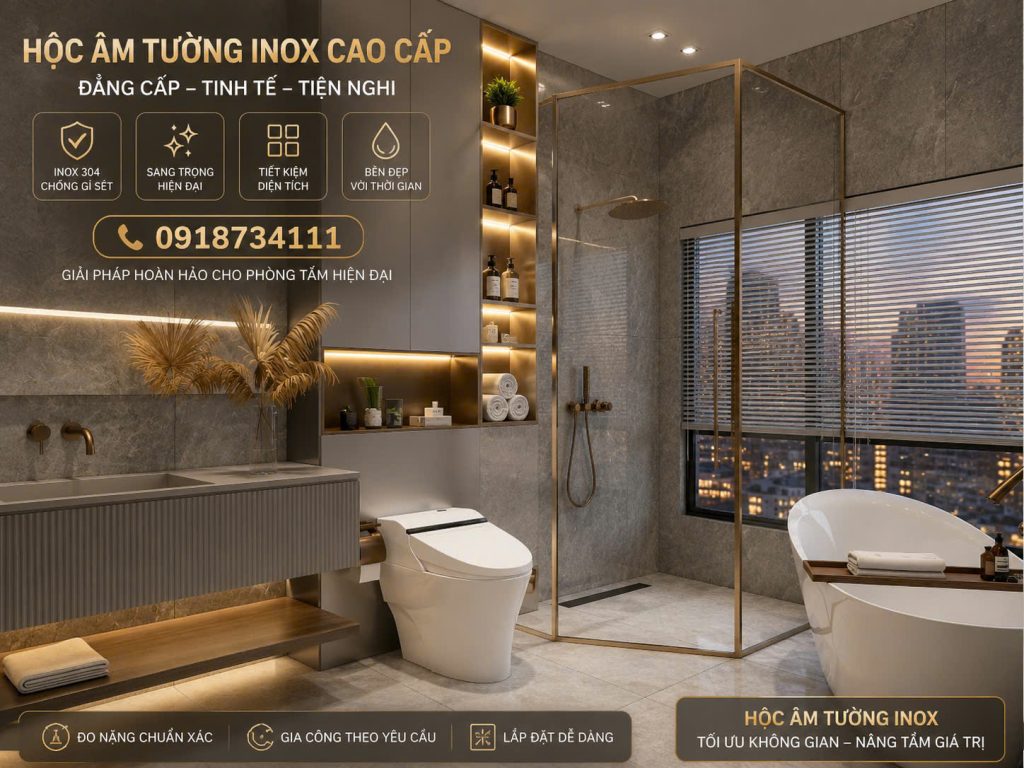 Kệ Inox Âm Tường Màu Đồng Xước – Giải Pháp Lưu Trữ Sang Trọng Cho Không Gian Hiện Đại